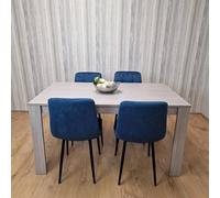 KOSY KOALA Modern Rectangle Dining Table Set With 4 Blue Velvet Chairs Dining Room Furniture in Grey | Size: 140cm x 80cm