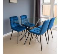 Kosy Koala Modern Rectangle Glass Dining Table Set With 4 Blue Velvet Chairs Dining Room Furniture