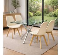 Kosy Koala Modern Rectangle Glass Dining Table Set With 4 Cream Plastic Chairs Cream