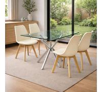 Kosy Koala Modern Rectangle Glass Dining Table Set With 4 Cream Plastic Chairs Dining Room Furniture