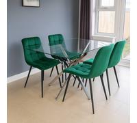 KOSY KOALA Modern Rectangle Glass Dining Table Set With 4 Green Velvet Chairs Dining Room Furniture in Brown
