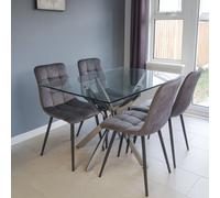 Kosy Koala Modern Rectangle Glass Dining Table Set With 4 Grey Velvet Chairs Dining Room Furniture