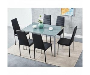 Kosy Koala Modern Rectangle Glass Dining Table Set With 6 Black Faux Leather Chairs Dining Room Furniture