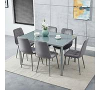 Kosy Koala Modern Rectangle Grey Glass Dining Table Set With 6 Grey Velvet Chairs Dining Room Furniture