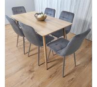 Kosy Koala Modern Rectangle Wood Effect Dining Table Set With 6 Grey Velvet Chairs Dining Room Furniture