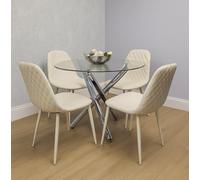 Kosy Koala Modern Round Clear Glass Dining Table Set With 4 Cream Chairs Dining Room Furniture