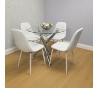 Kosy Koala Modern Round Clear Glass Dining Table With 4 White Gem Pattern Chairs Dining Room Furniture