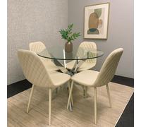 Kosy Koala Modern Round Glass Dining Table Set With 4 Cream Gem Pattern Chairs Dining Room Furniture