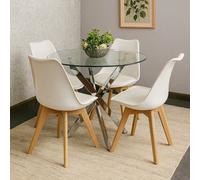 Kosy Koala Modern Round Glass Dining Table Set With 4 Cream Plastic Chairs Dining Room Furniture