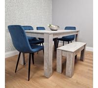 Kosy Koala Modern Stone Grey Effect Dining Table Set With Bench And 4 Blue Velvet Chairs