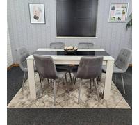 KOSY KOALA Modern White & Black Dining Table Set With 6 Grey Velvet Chairs Dining Room Furniture | Size: 140cm x 80cm