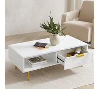 Kosy Koala Modern White Coffee Table With Storage, Gold Metal Legs And Handles, Stylish Centre Table For Living Room And Lounge