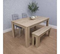 KOSY KOALA Oak Effect Dining Table Set With 2 Grey Velvet Chairs & 1 Bench Dining Room Furniture in Beige