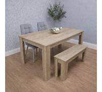 Kosy Koala Oak Effect Dining Table Set With 2 Grey Velvet Chairs And 1 Bench Dining Room Furniture
