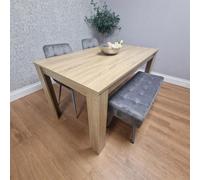 Kosy Koala Oak Effect Dining Table Set With 2 Grey Velvet Chairs And 1 Grey Bench Dining Room Furniture