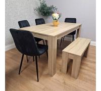 Kosy Koala Oak Effect Dining Table Set With 4 Black Velvet Chairs And Bench Dining Room Furniture In Brown Brown One Size