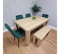 Kosy Koala Oak Effect Dining Table Set With 4 Green Velvet Chairs And Bench Dining Room Furniture