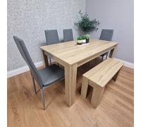 KOSY KOALA Oak Effect Dining Table Set With 4 Grey Faux Leather Chairs & Bench Dining Room Furniture in Beige