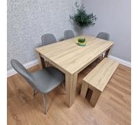 Kosy Koala Oak Effect Dining Table Set With 4 Grey Gem Pattern Chairs And Bench Dining Room Furniture