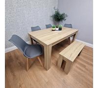 Kosy Koala Oak Effect Dining Table Set With 4 Grey Plastic Chairs And Bench Dining Room Furniture