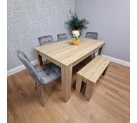 Kosy Koala Oak Effect Dining Table Set With 4 Grey Velvet Chairs And Bench Dining Room Furniture