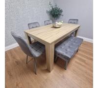 Kosy Koala Oak Effect Dining Table Set With 4 Grey Velvet Chairs And Grey Velvet Bench Dining Room Furniture