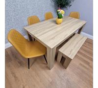 Kosy Koala Oak Effect Dining Table Set With 4 Mustard Gem Pattern Chairs And Bench Dining Room Furniture