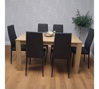 KOSY KOALA Oak Effect Dining Table Set With 6 Black Faux Leather Chairs in Brown