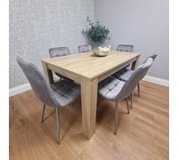 KOSY KOALA Oak Effect Dining Table Set With 6 Grey Velvet Chairs Dining Room Furniture in Brown