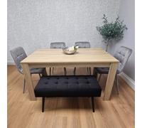 Kosy Koala Oak Effect Dining Table With 4 Grey Velvet Chairs And 1 Black Bench Dining Room Furniture