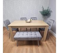 Kosy Koala Oak Effect Dining Table With 4 Grey Velvet Chairs And 1 Grey Bench Dining Room Furniture