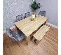 Kosy Koala Oak Effect Dining Table With 4 Grey Velvet Chairs And Bench Dining Room Furniture