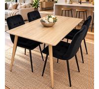 KOSY KOALA Rectangle Oak Effect Kitchen Dining Table With 4 Black Velvet Tufted Chairs Dining Set in Grey