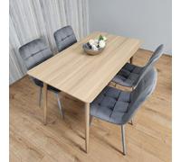 Kosy Koala Rectangle Oak Effect Kitchen Dining Table With 4 Grey Velvet Tufted Chairs Dining Set