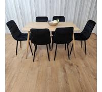 Kosy Koala Rectangle Oak Effect Kitchen Dining Table With 6 Black Velvet Tufted Chairs Dining Set