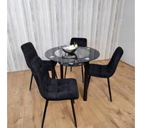 Kosy Koala Dining Table and 4 Chairs Round Glass Black 4 Black Velvet Chairs Dining Room Furniture, Multi