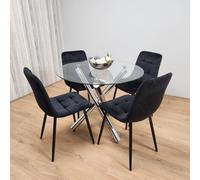 Kosy Koala Round Chrome Metal And Clear Glass Dining Table And 4 Black Tufted Velvet Chairs Kitchen Dining Set Multi One Size