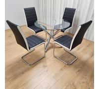Kosy Koala Round Chrome Metal And Clear Glass Dining Table And 4 Stylish Black White Faux Leather Dining Chairs Set