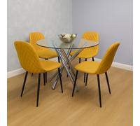 Kosy Koala Round Clear Glass Dining Table Set With 4 Mustard Gem Pattern Chairs Modern Dining Set