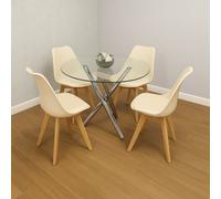 Kosy Koala Round Clear Glass Dining Table With Chrome Metal Legs And 4 Cream Leather Plastic Chairs, Modern Dining Set