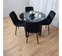 Kosy Koala Round Glass Black Kitchen Dining Table With Storage Shelf And 4 Black Tufted Velvet Chairs Kitchen Dining Set