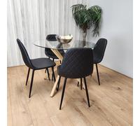 KOSY KOALA Round Glass Dining Table Set With 4 Black Gem Pattern Chairs Dining Room Furniture in Clear KOSY KOALA Clear