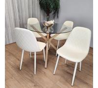Kosy Koala Round Glass Dining Table Set With 4 Cream Gem Pattern Chairs Dining Room Furniture