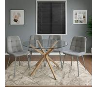 Kosy Koala Round Glass Dining Table Set With 4 Grey Velvet Chairs Dining Room Furniture