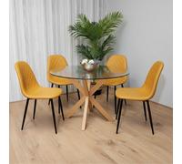 Kosy Koala Round Glass Dining Table Set With 4 Mustard Gem Pattern Chairs Dining Room Furniture