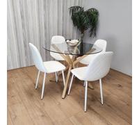 Kosy Koala Round Glass Dining Table Set With 4 White Gem Pattern Chairs Dining Room Furniture