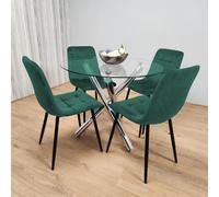 Kosy Koala Round Glass Dining Table With 4 Green Velvet Chairs Dining Set