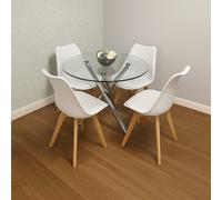 Kosy Koala Round Glass Dining Table With Chrome Metal Legs And 4 White Leather Plastic Chairs, Modern Dining Set