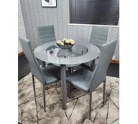 Kosy Koala Round Glass Grey Kitchen Dining Table With Storage Shelf And 4 Grey Metal Chairs Set