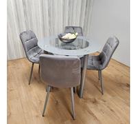 Kosy Koala Round Glass Grey Kitchen Dining Table With Storage Shelf And 4 Grey Tufted Velvet Chairs Kitchen Dining Set